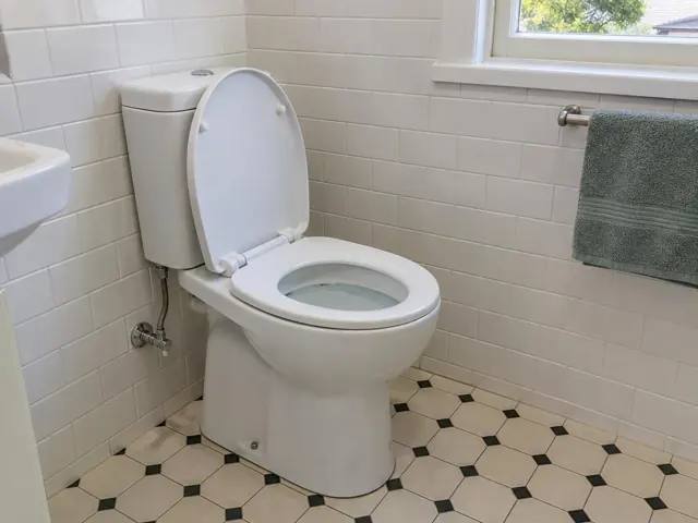 Clean white toilet in a tiled bathroom with a window and towel rail in Naremburn