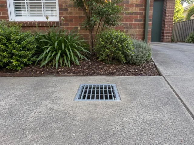 Driveway stormwater grate set in concrete beside brick house garden in Chatswood
